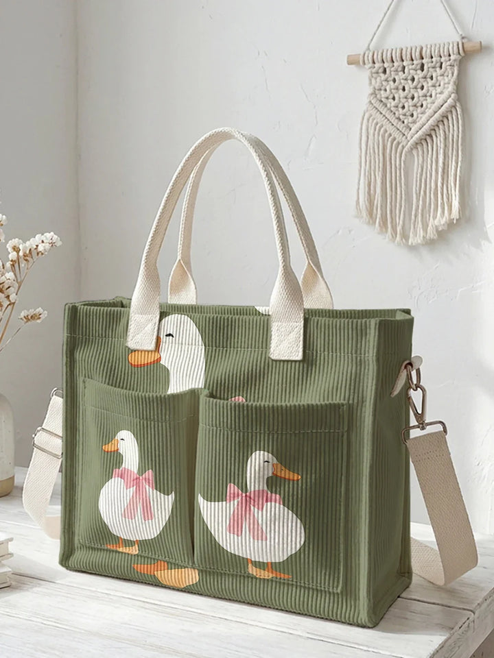Sacha | Sac cabas en velours côtelé canards à nœud rose