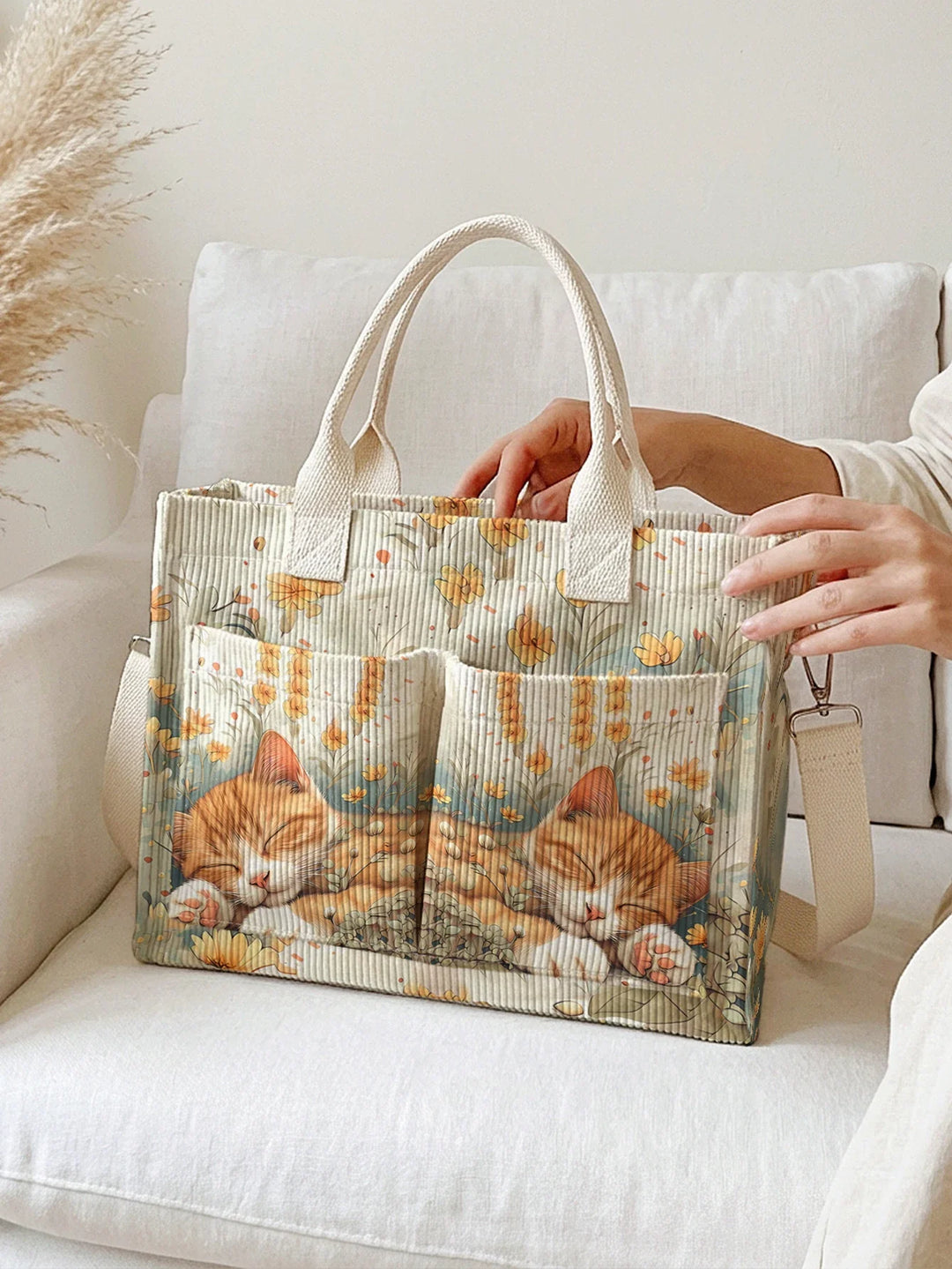 Pascaline | Sac cabas en velours côtelé chat endormi