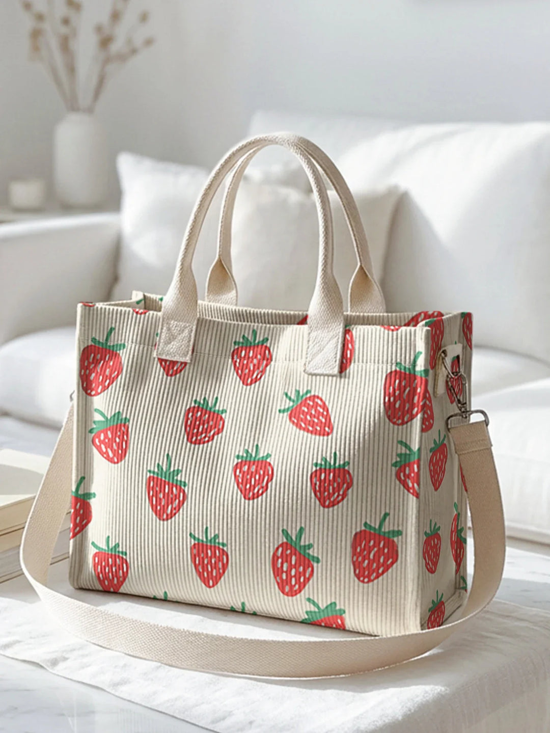 Ursule | Sac cabas en velours côtelé fraises