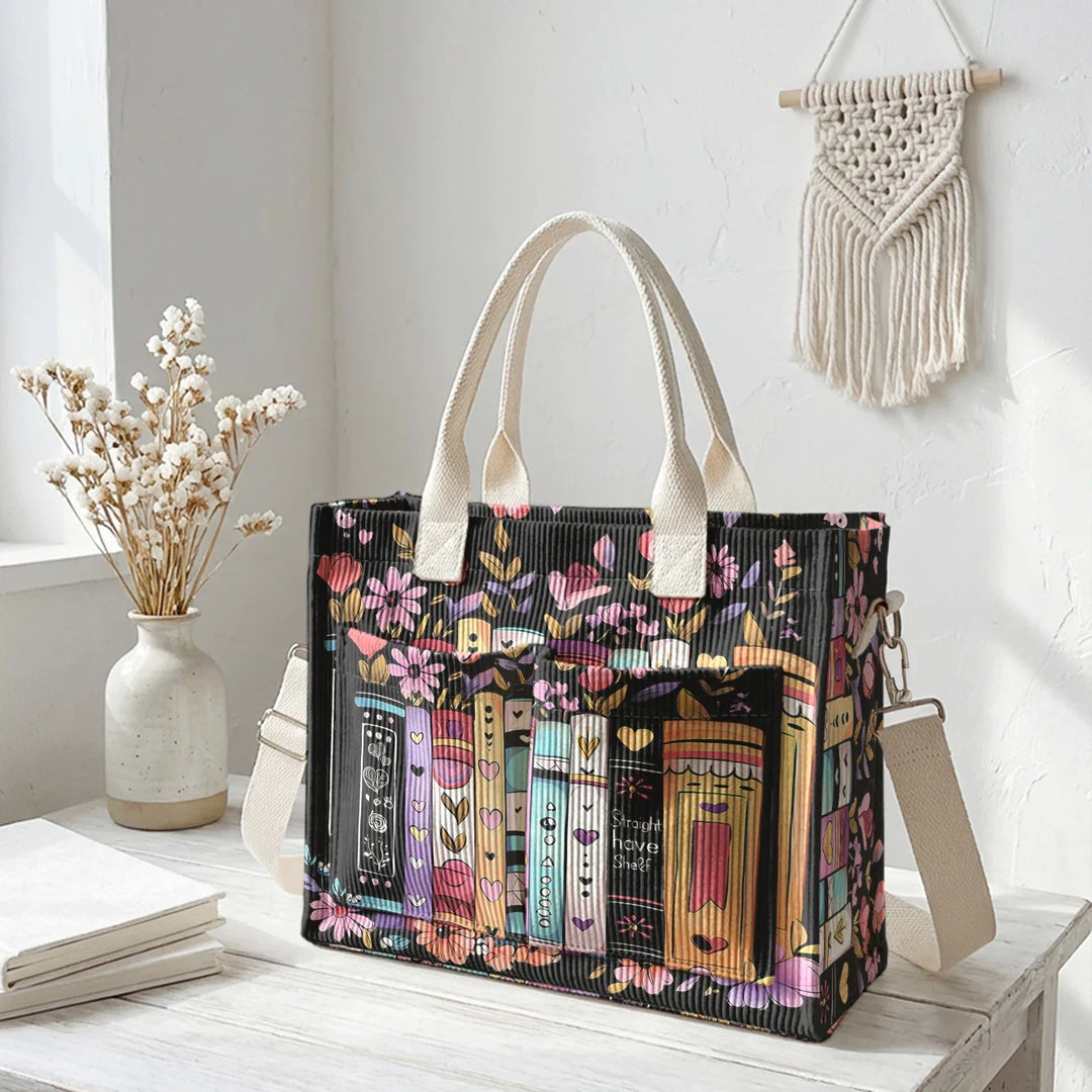 Ysé | Sac cabas en velours côtelé livres et fleurs