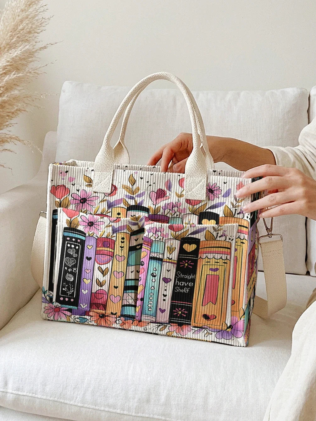 Ysé | Sac cabas en velours côtelé livres et fleurs