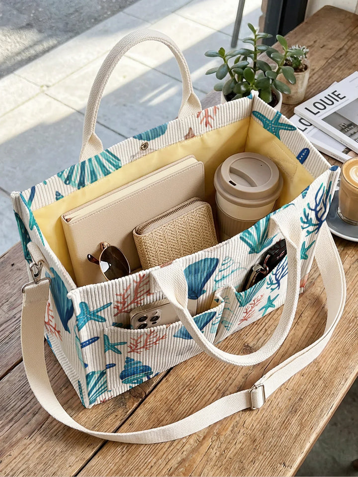 Servane | Sac cabas en velours côtelé coquillages et coraux