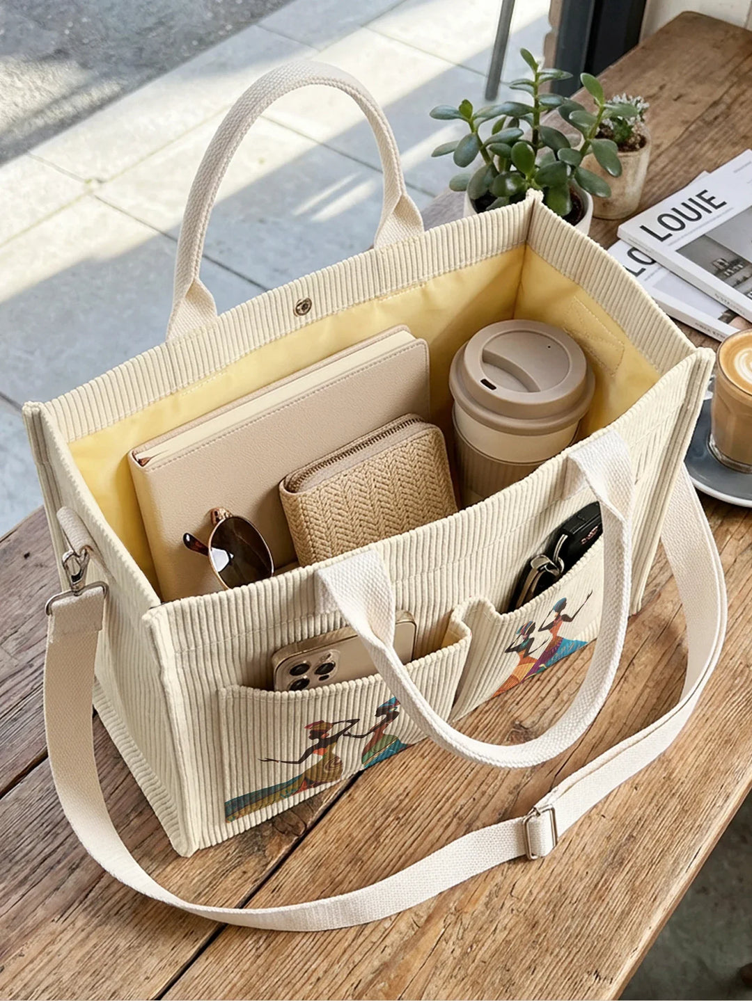 Zénaïde | Sac cabas en velours côtelé silhouettes féminines