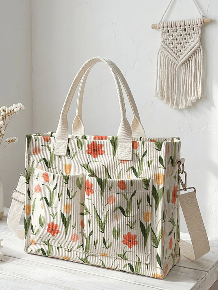 Yseult | Sac cabas en velours côtelé tulipes