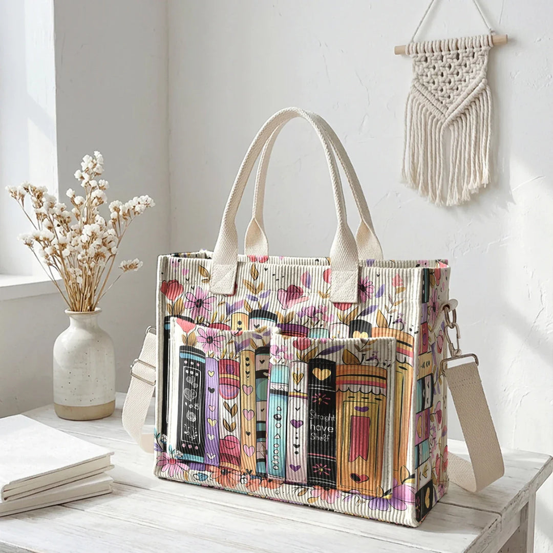 Ysé | Sac cabas en velours côtelé livres et fleurs
