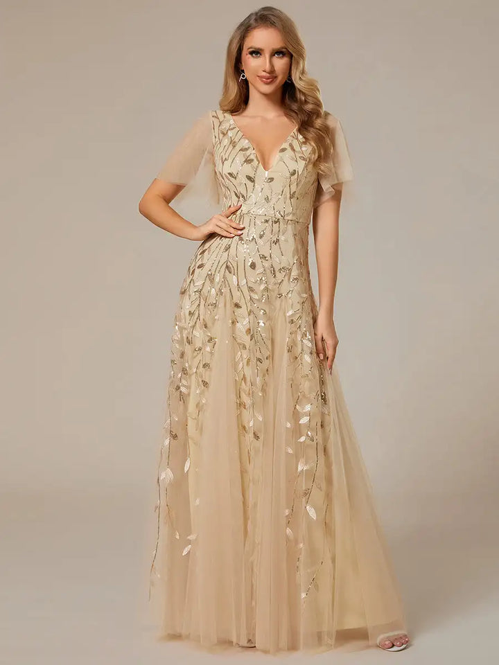 Tessa | Robe de Soirée avec Manches Volantes en Sequins