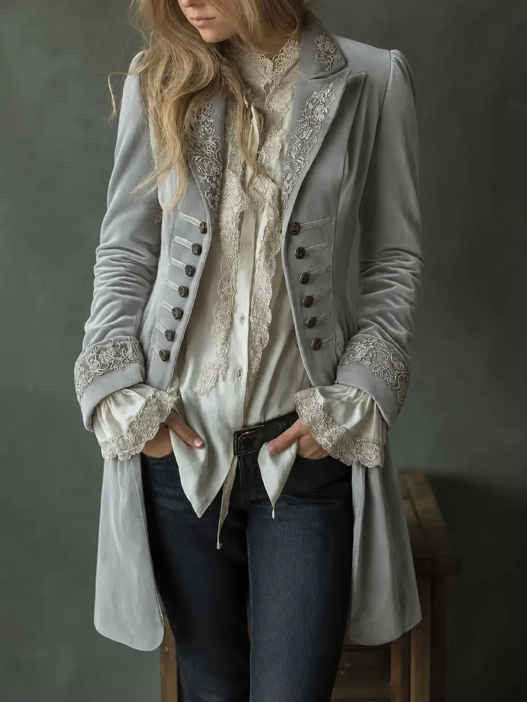 Baptistine | Veste longue brodée effet velours