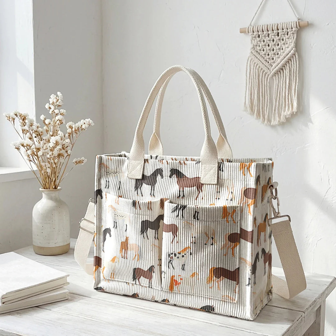 Romaine | Sac cabas en velours côtelé chevaux