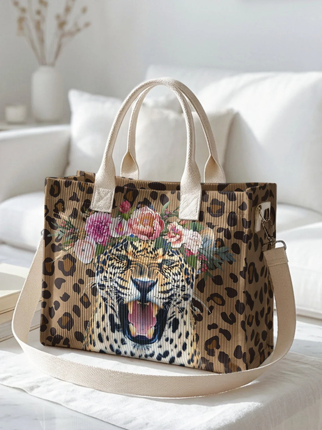 Sylvaine | Sac cabas en velours côtelé léopard fleuri