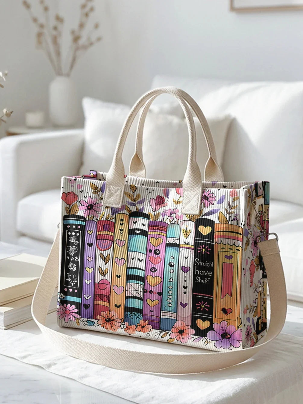 Ysé | Sac cabas en velours côtelé livres et fleurs