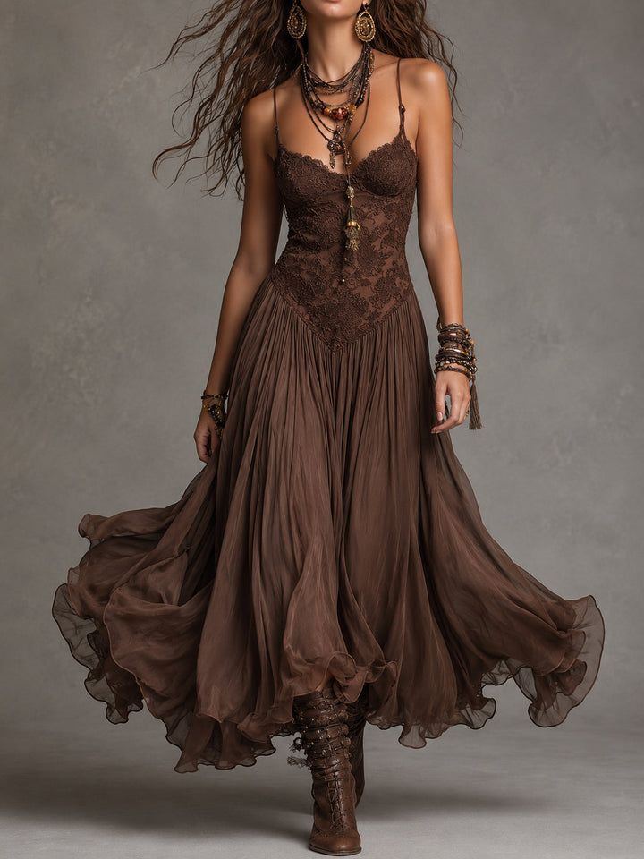 Félicie | Robe longue en mousseline et dentelle marron