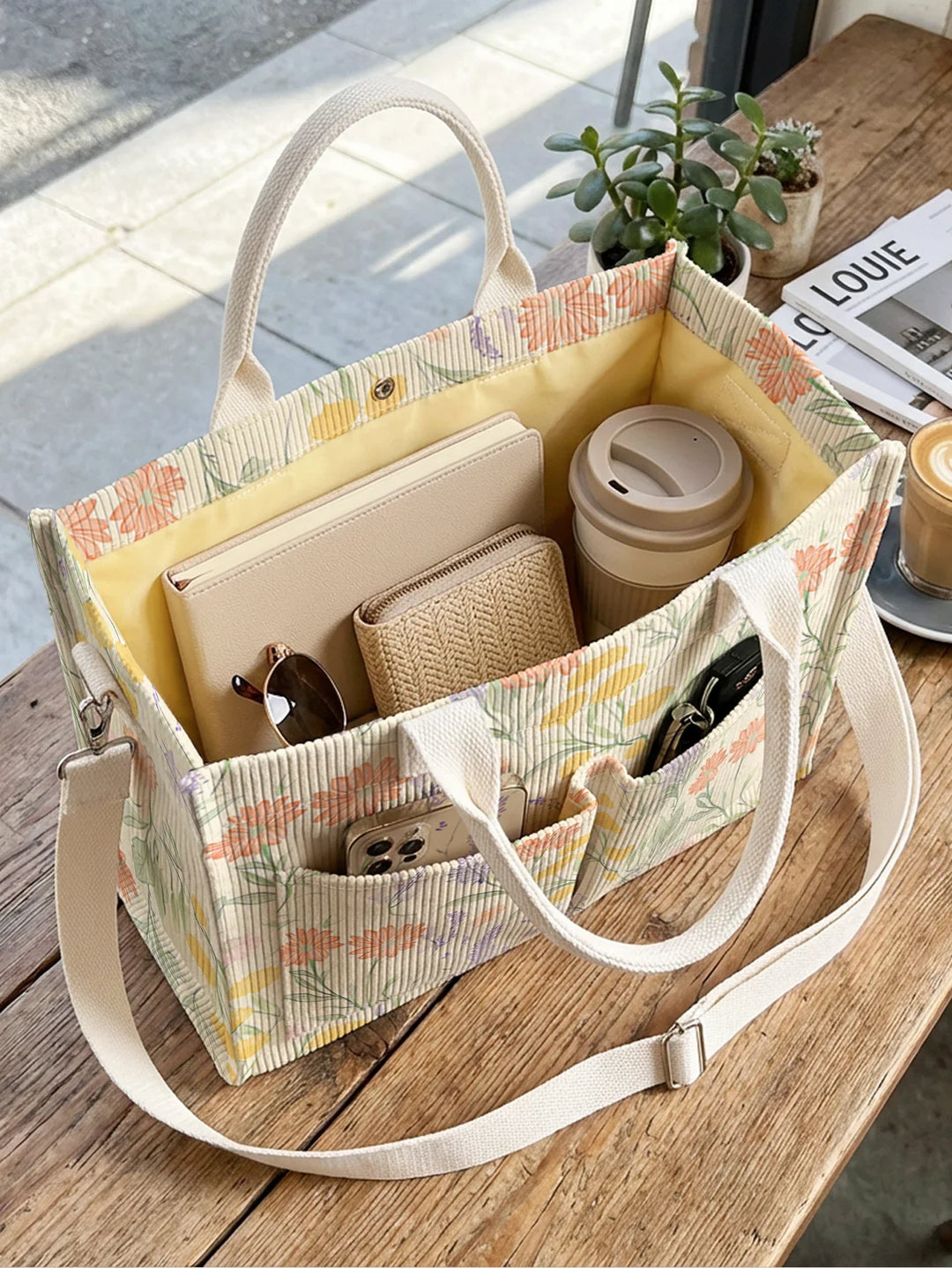 Xavière | Sac cabas en velours côtelé lavande et marguerites