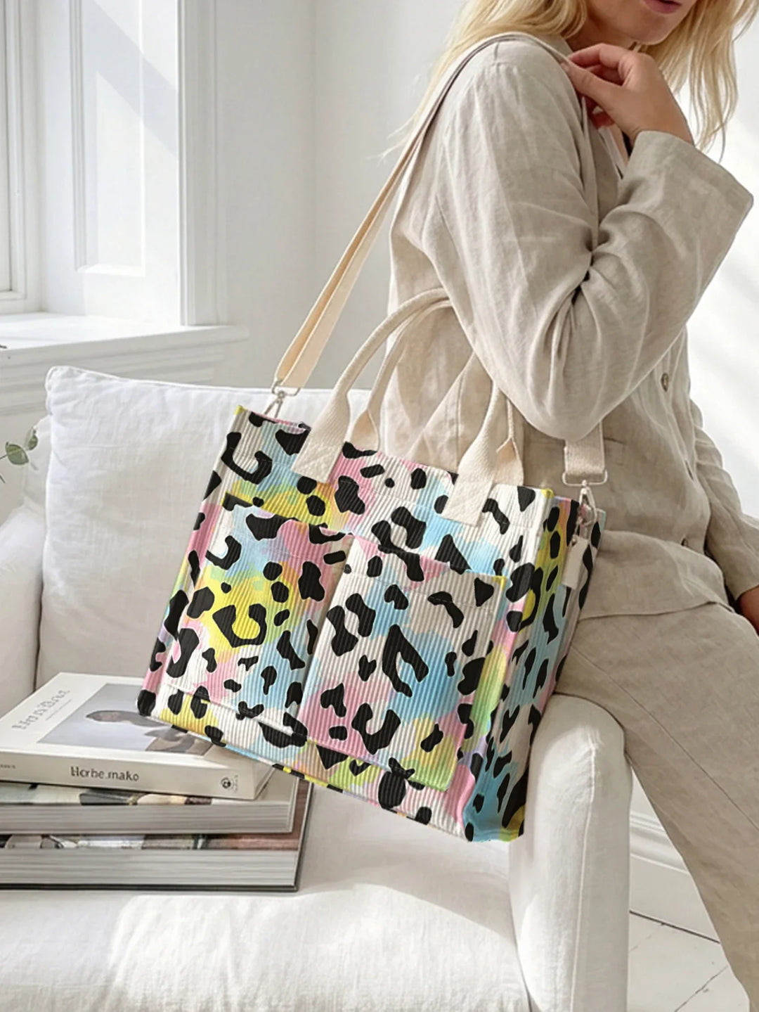 Raymonde | Sac cabas en velours côtelé léopard pastel