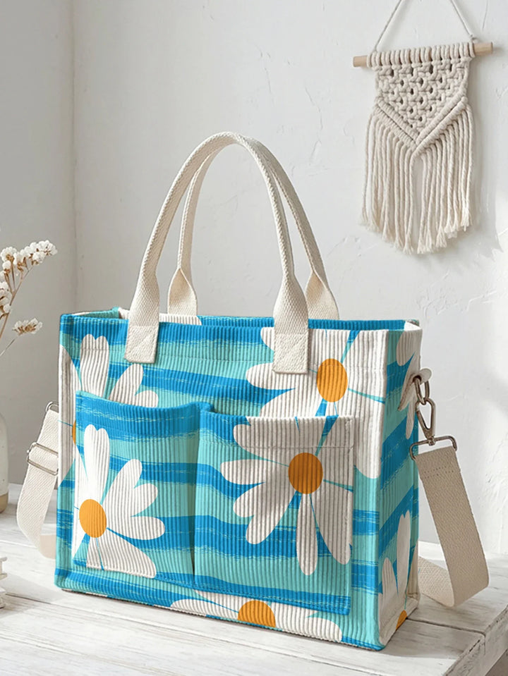 Toinette | Sac cabas en velours côtelé marguerites et rayures bleues