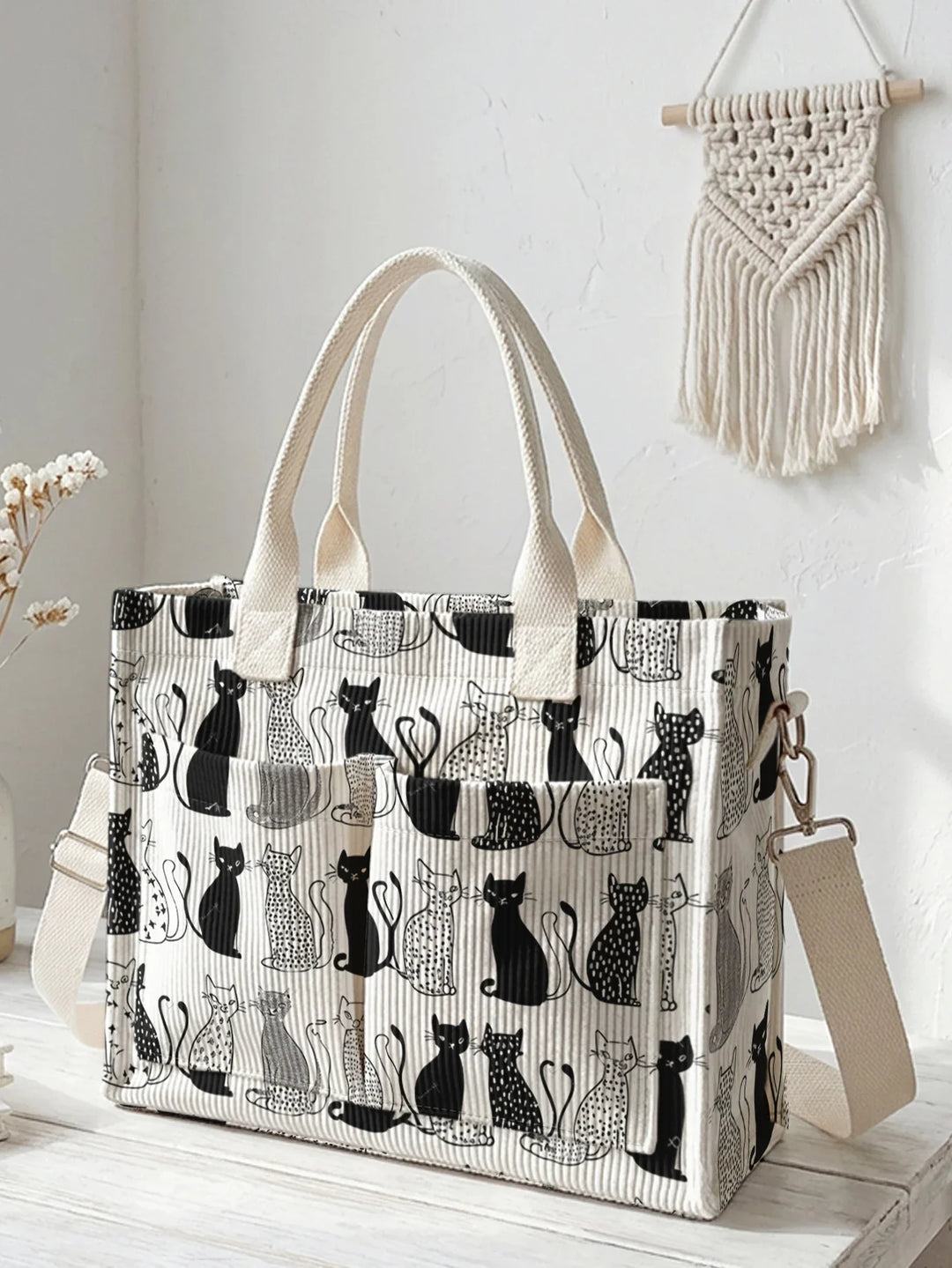 Noa | Sac cabas en velours côtelé petits chats graphiques