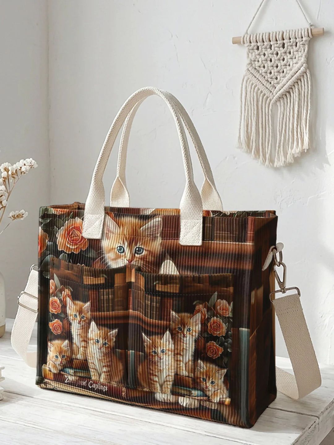 Odéline | Sac cabas en velours côtelé chatons roux et roses
