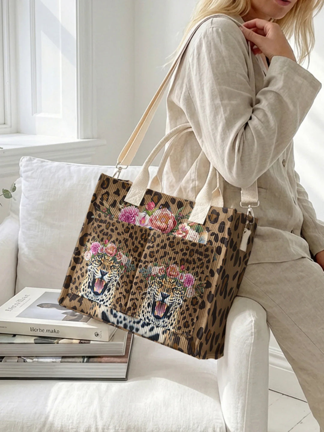 Sylvaine | Sac cabas en velours côtelé léopard fleuri