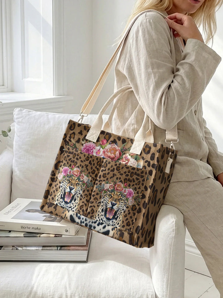 Sylvaine | Sac cabas en velours côtelé léopard fleuri