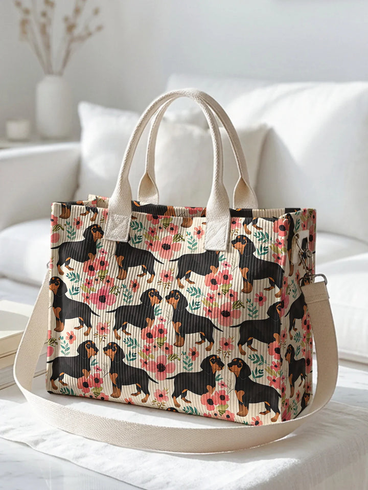 Paloma | Sac cabas en velours côtelé teckels fleuris