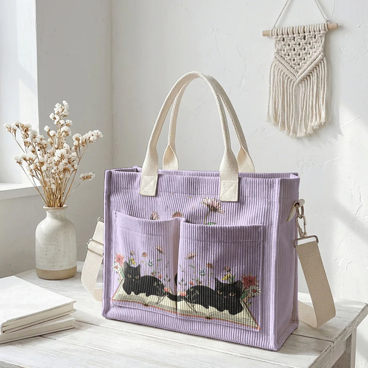 Nélia | Sac cabas en velours côtelé chat lecteur