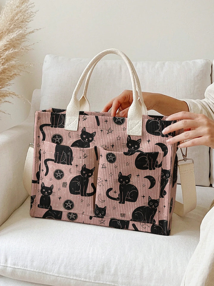 Orane | Sac cabas en velours côtelé chats et étoiles sur fond rose