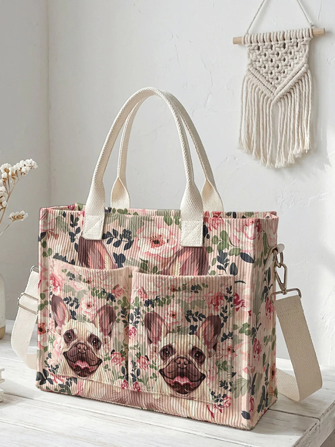 Pétronille | Sac cabas en velours côtelé bouledogue fleuri