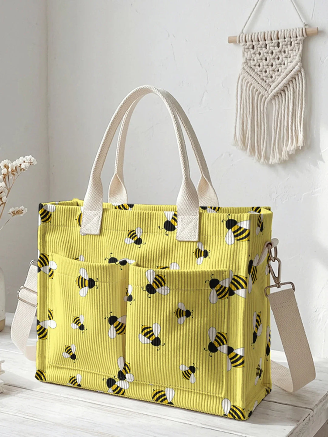 Renée | Sac cabas en velours côtelé petites abeilles