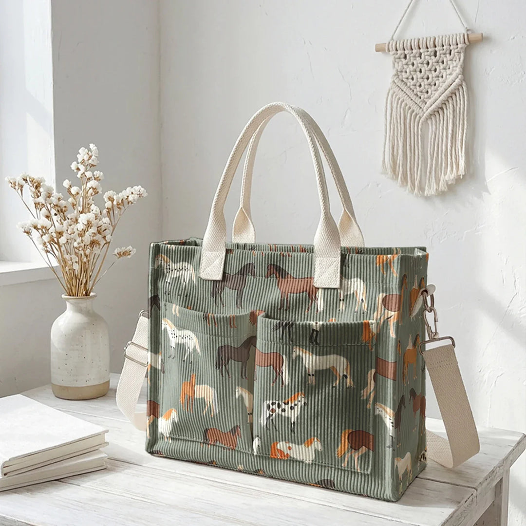 Romaine | Sac cabas en velours côtelé chevaux