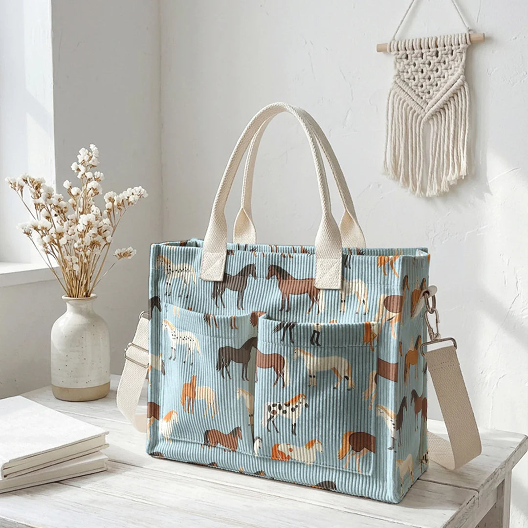 Romaine | Sac cabas en velours côtelé chevaux