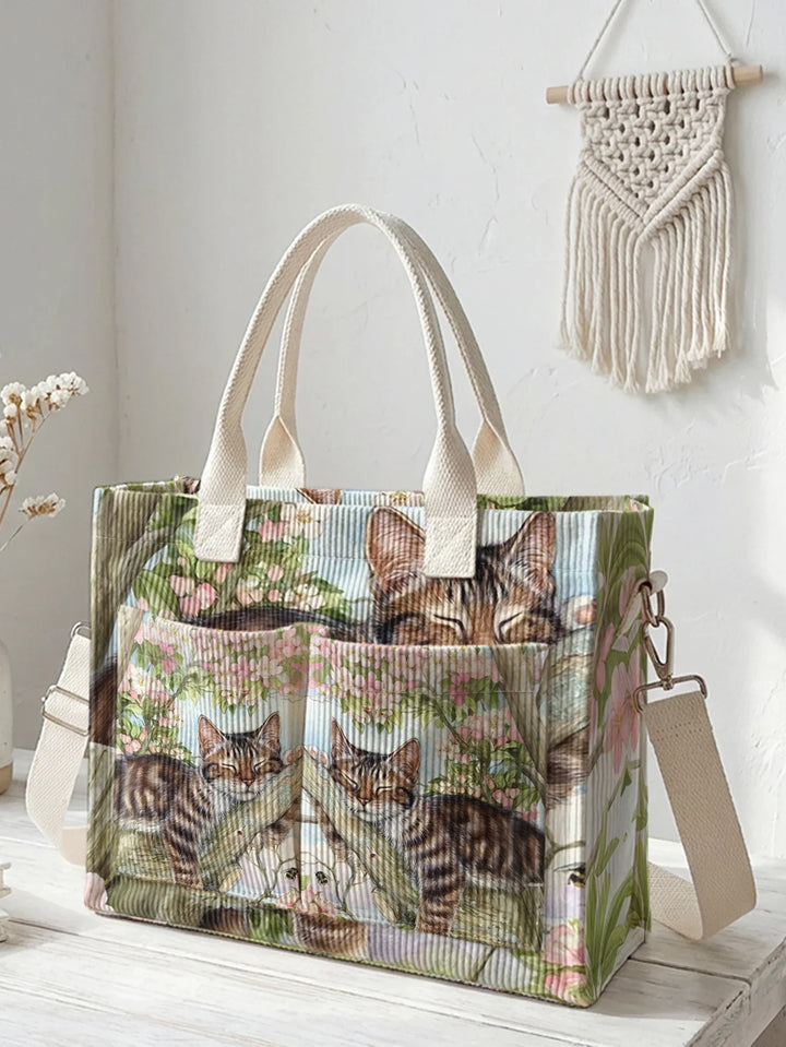 Oanez | Sac cabas en velours côtelé chat tigré fleuri