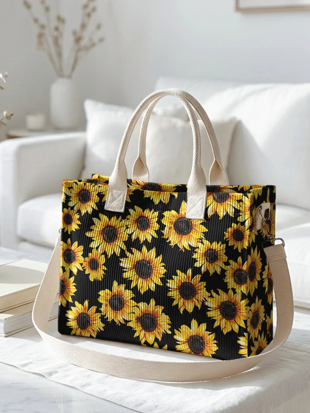 Yvette | Sac cabas en velours côtelé tournesols sur fond noir