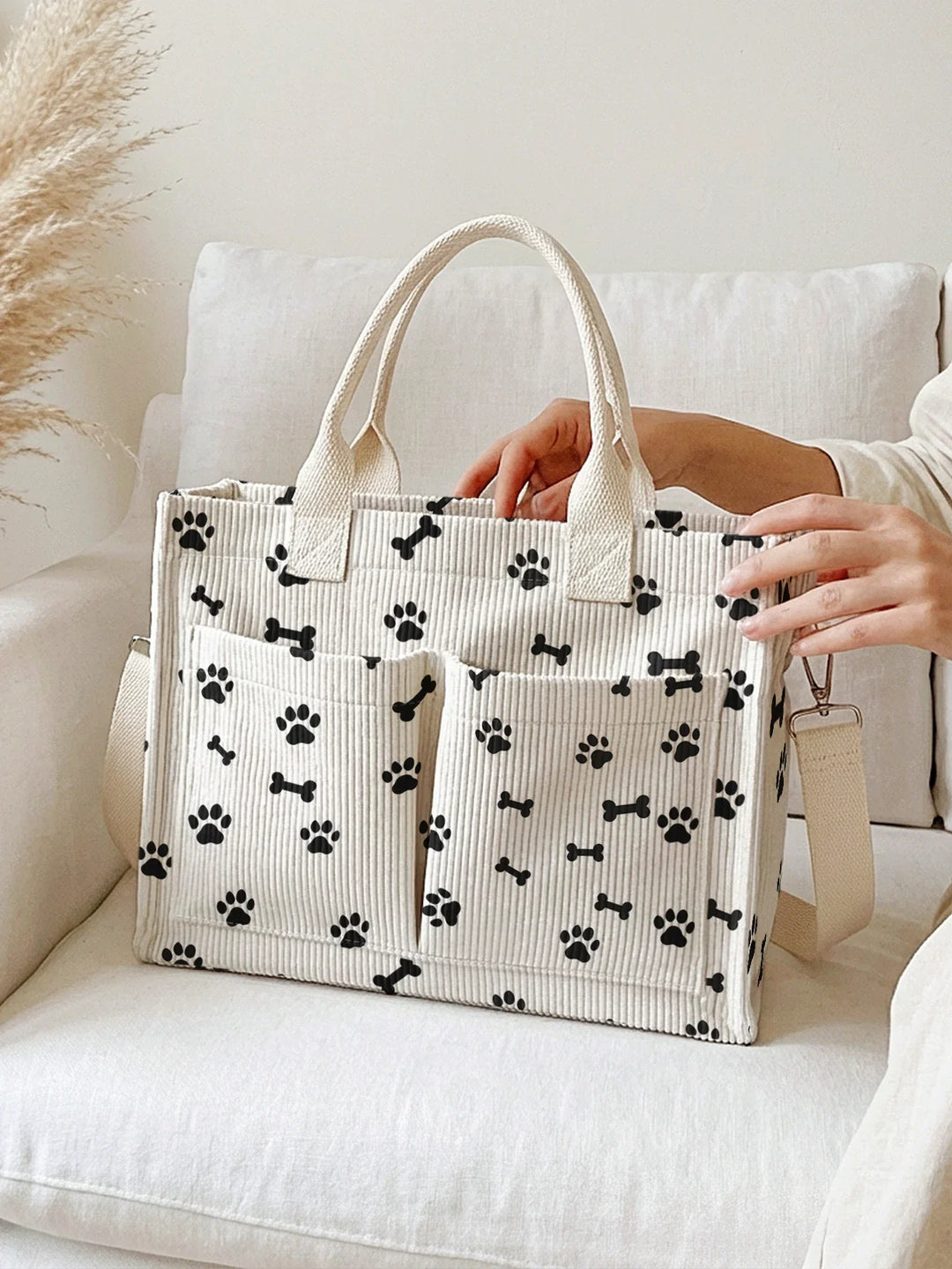 Reine | Sac cabas en velours côtelé empreintes de pattes