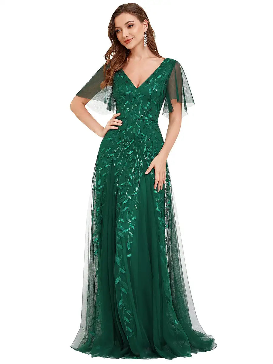 Tessa | Robe de Soirée avec Manches Volantes en Sequins