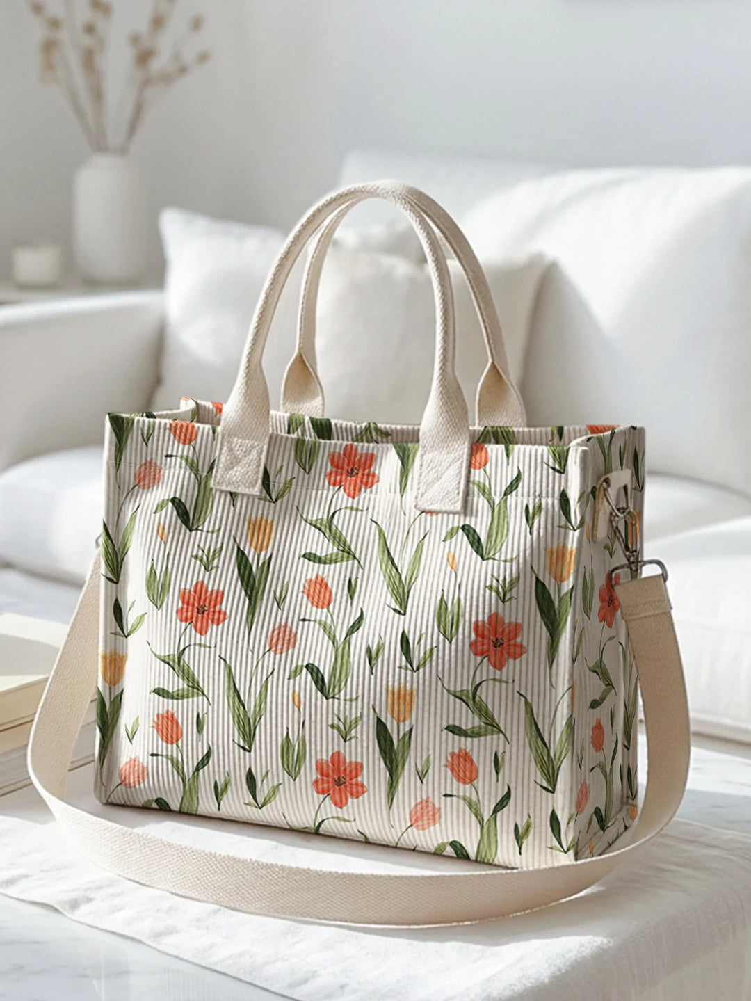 Yseult | Sac cabas en velours côtelé tulipes