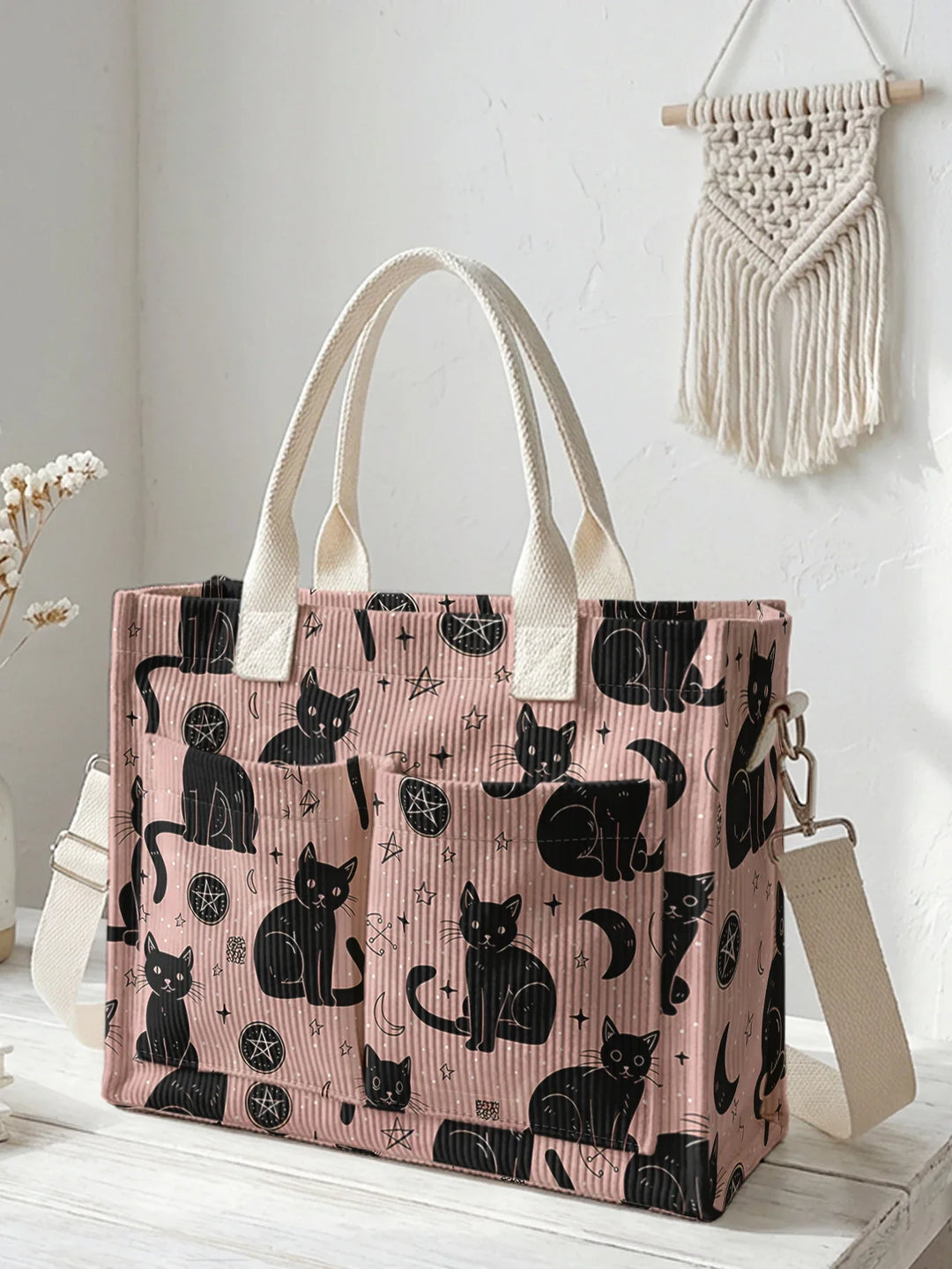 Orane | Sac cabas en velours côtelé chats et étoiles sur fond rose