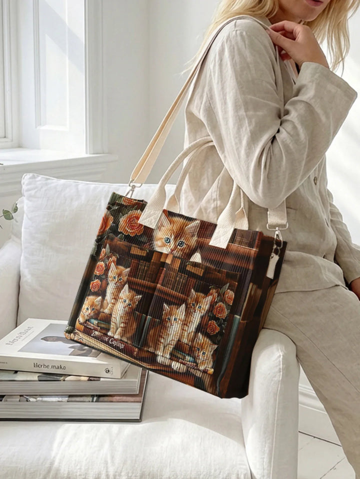 Odéline | Sac cabas en velours côtelé chatons roux et roses