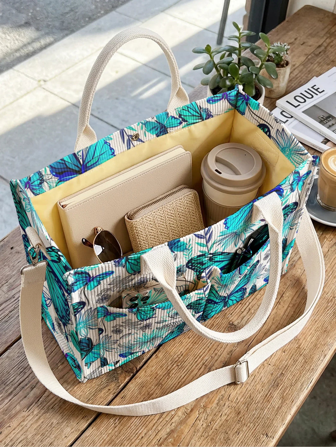 Rolande | Sac cabas en velours côtelé papillons turquoise
