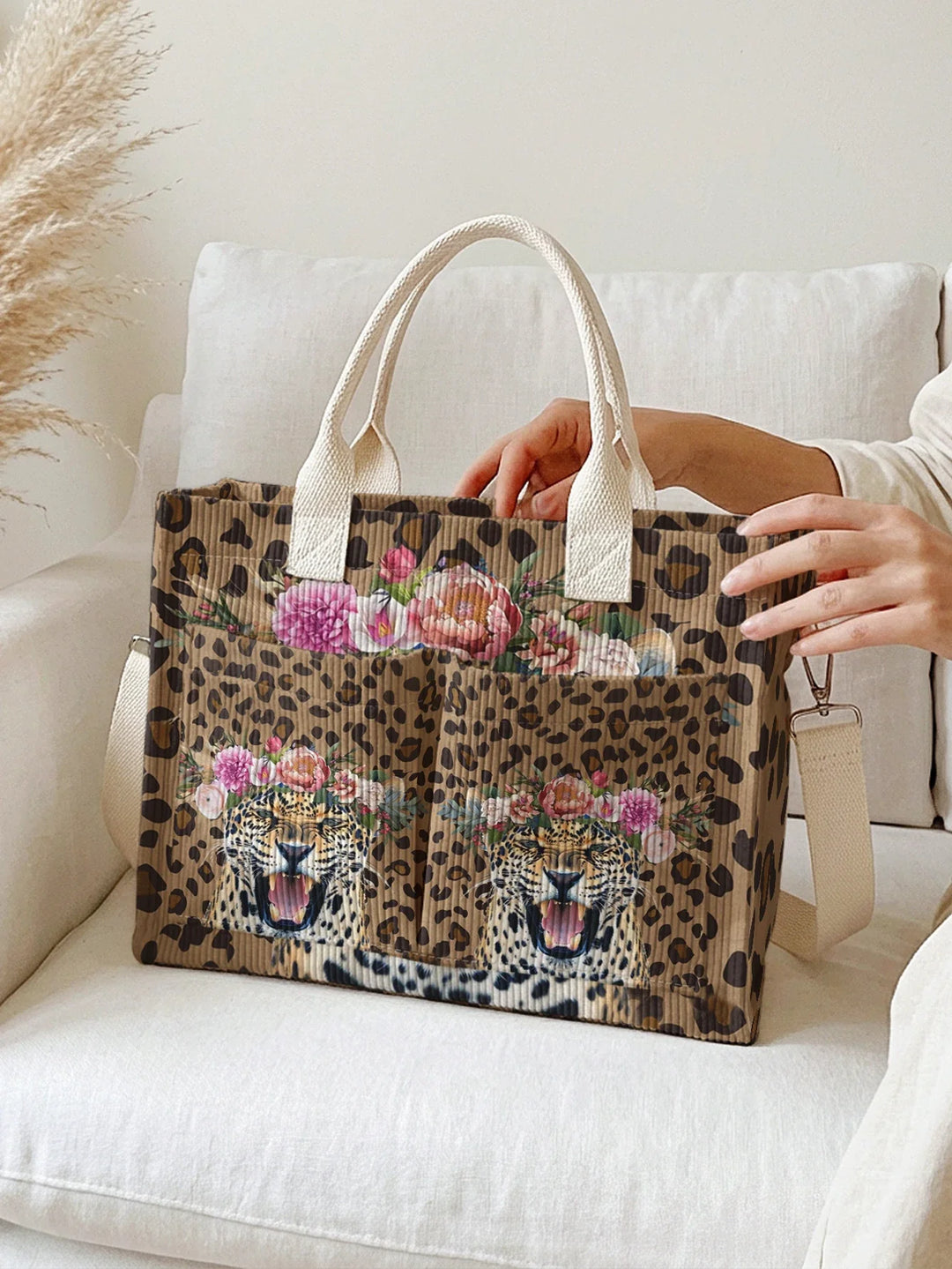 Sylvaine | Sac cabas en velours côtelé léopard fleuri