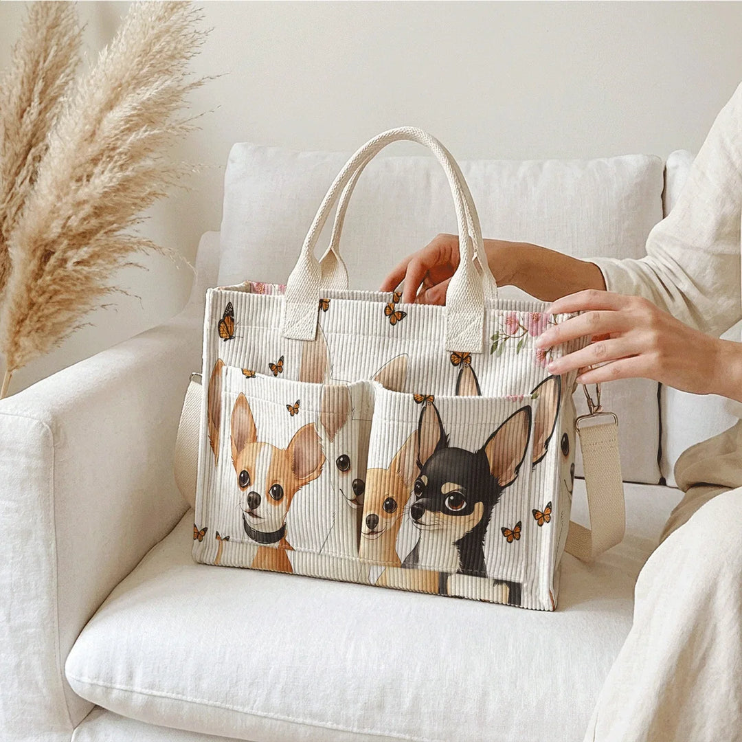 Rosine | Sac cabas en velours côtelé chihuahuas