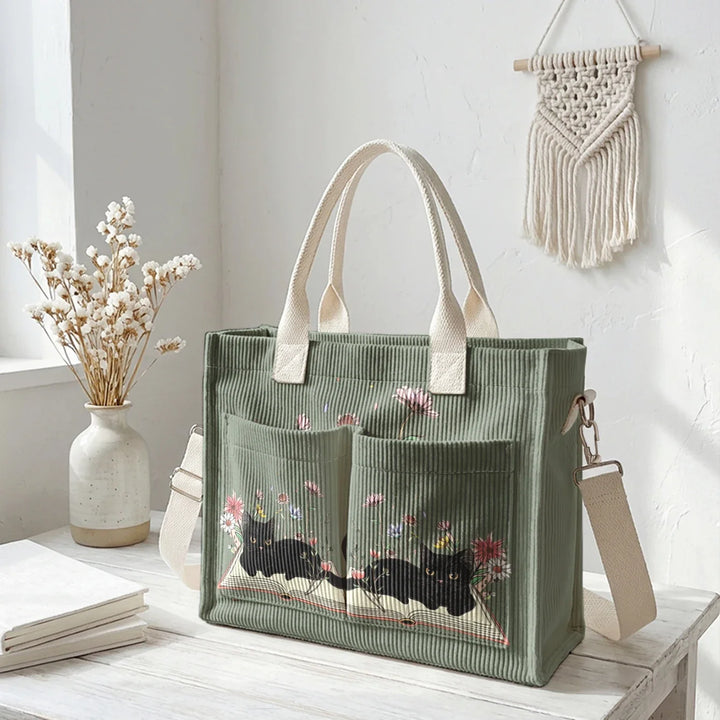 Nélia | Sac cabas en velours côtelé chat lecteur