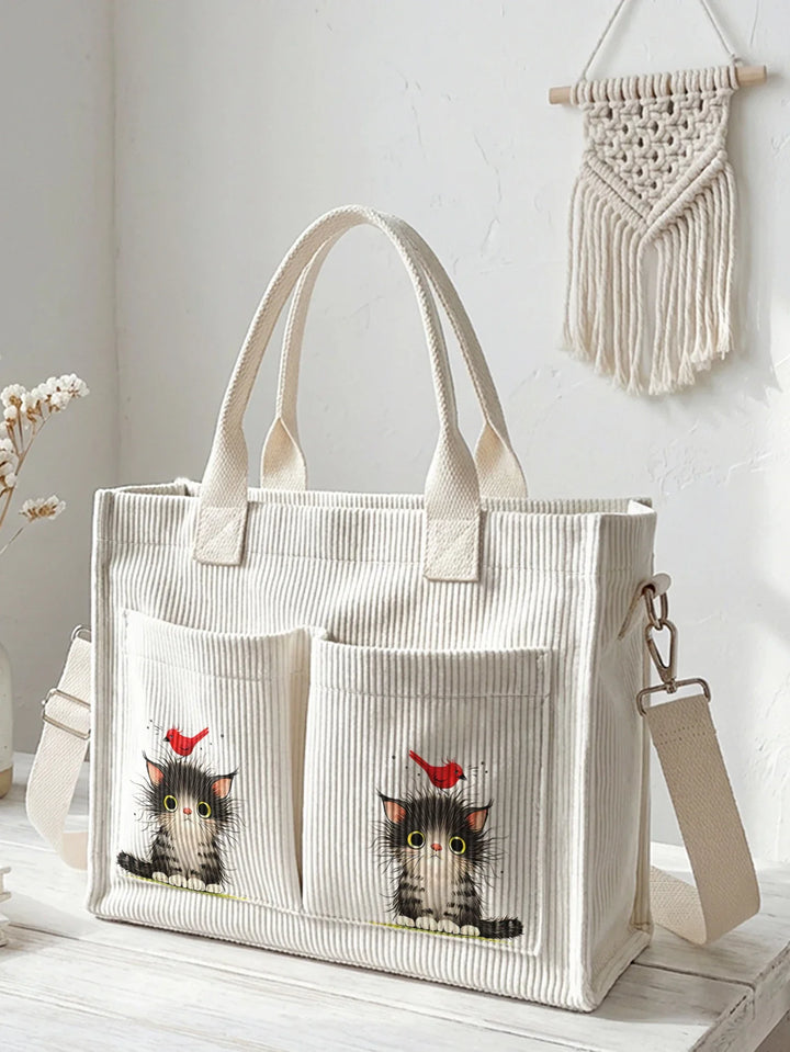Nathanaëlle | Sac cabas en velours côtelé chaton et rouge-gorge