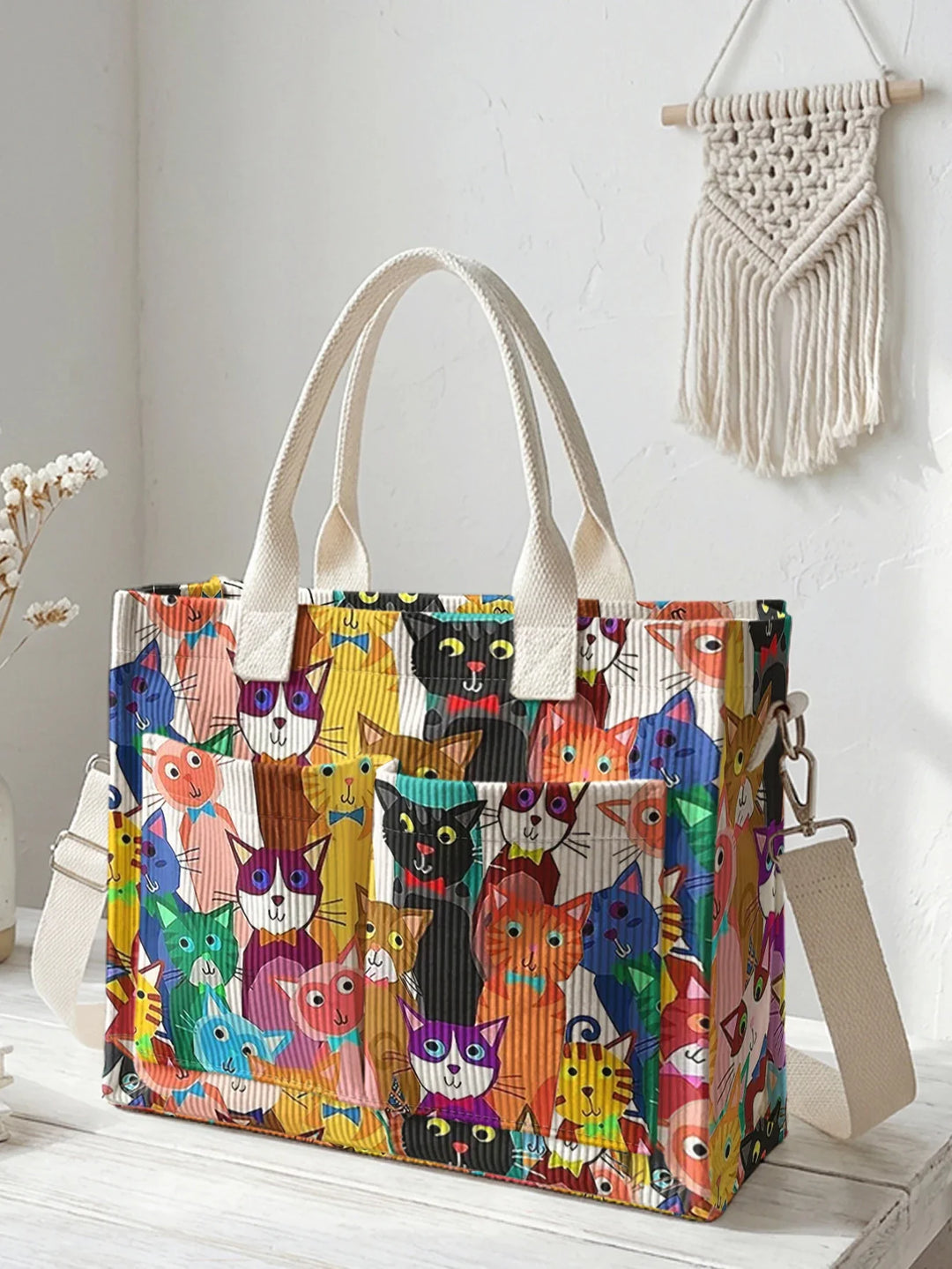 Prisca | Sac cabas en velours côtelé chats multicolores