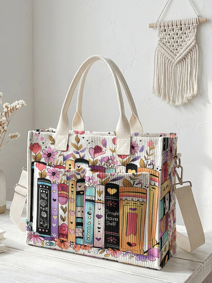Ysé | Sac cabas en velours côtelé livres et fleurs