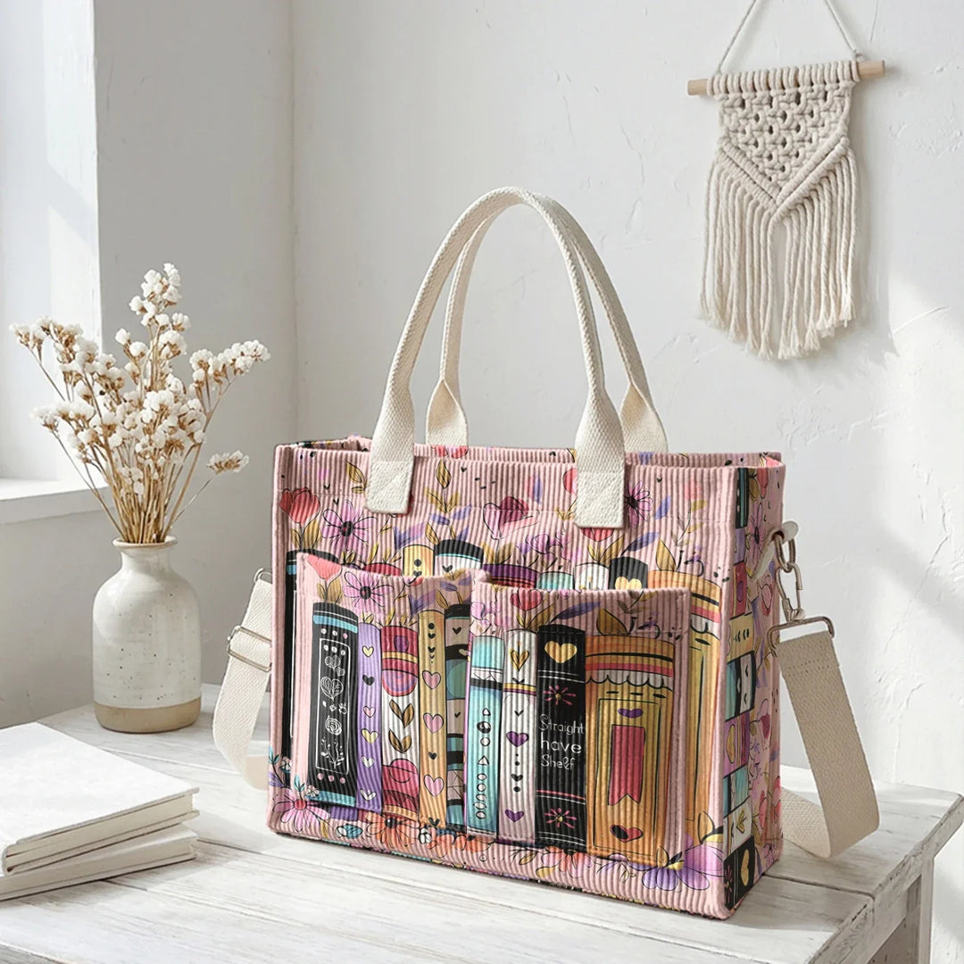 Ysé | Sac cabas en velours côtelé livres et fleurs