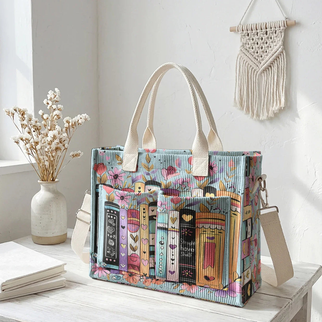Ysé | Sac cabas en velours côtelé livres et fleurs