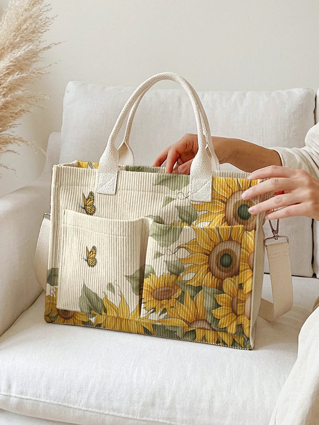 Sélène | Sac cabas en velours côtelé papillon et tournesols