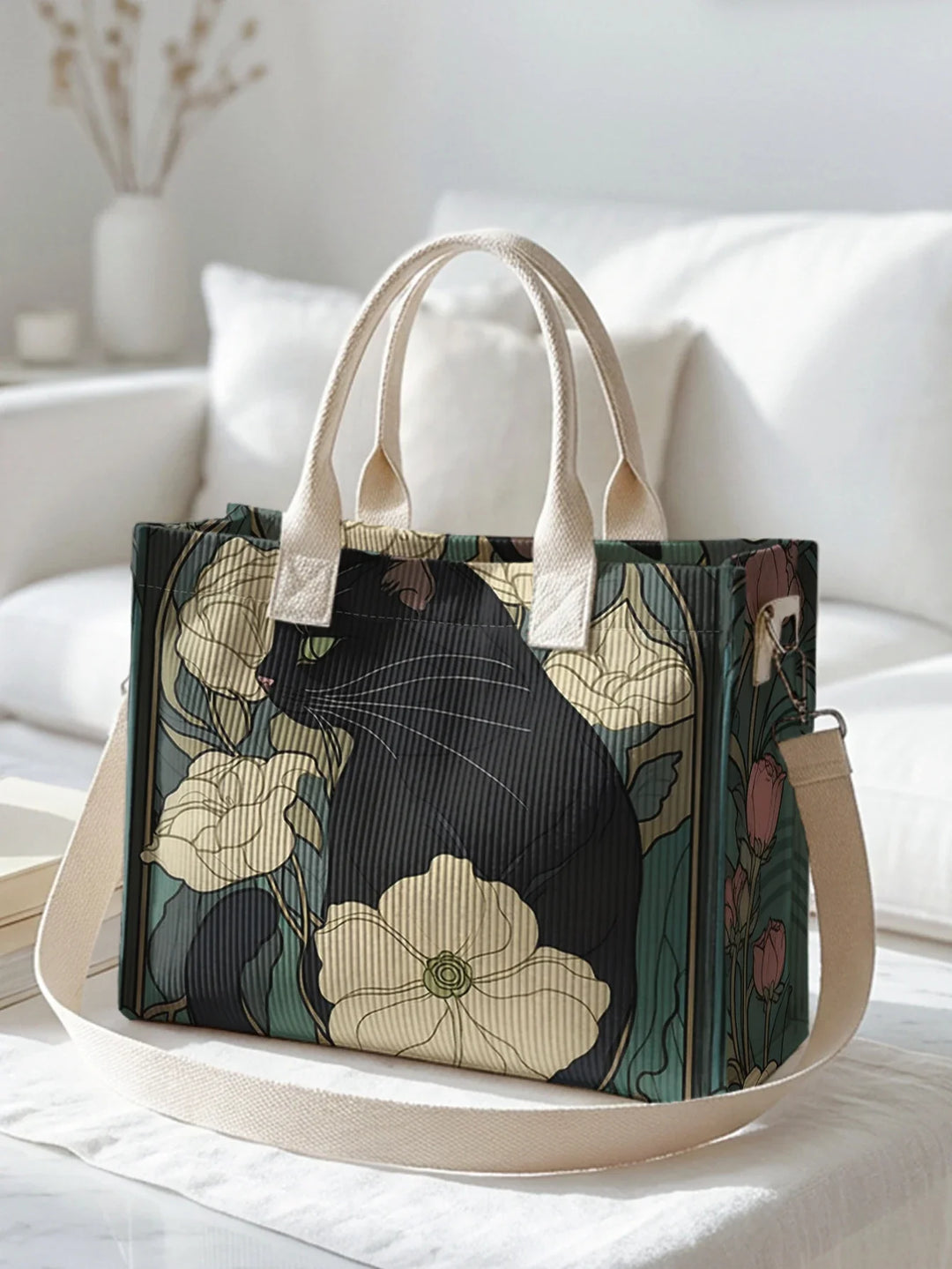 Ninette | Sac cabas en velours côtelé chat noir fleuri