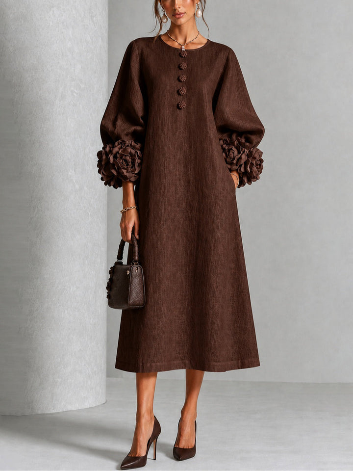 Clarisse | Robe midi à manches bouffantes et boutons fleuris