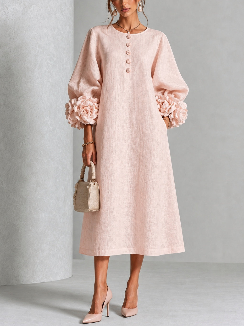 Clarisse | Robe midi à manches bouffantes et boutons fleuris