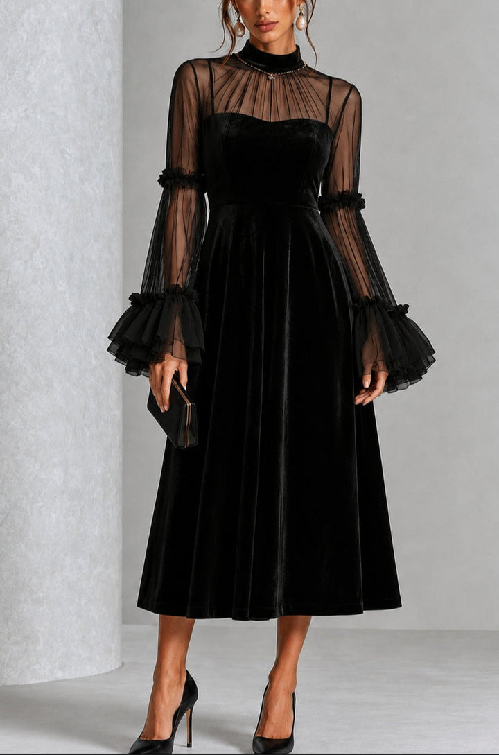 Bénédicte | Robe midi plissée en velours et mesh